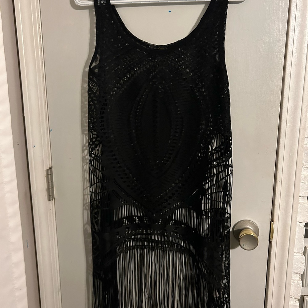 Beachwear black cutout fringe swimsuit coverup. Medium